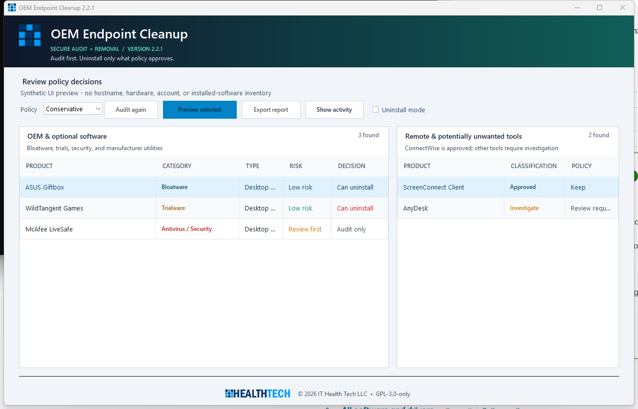 OEM Endpoint Cleanup main window showing categorized inventory, policy profile selector, and dry-run controls