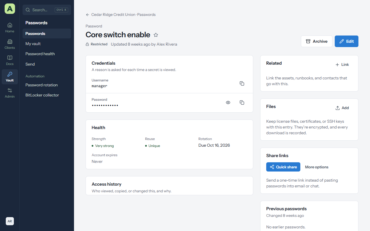 A password entry with its health and access history